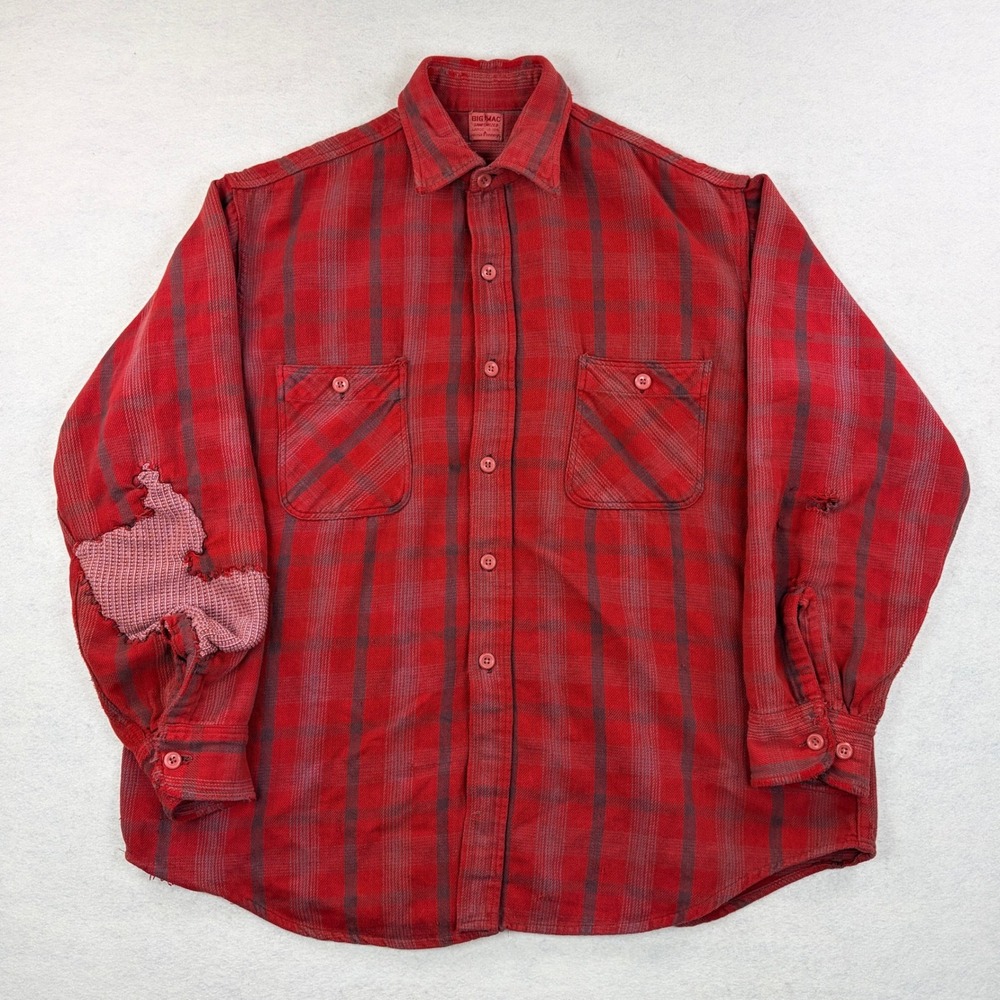 Vintage Big Mac Penneys Sanforized Red Shadow Plaid Flannel Shirt 50s 60s L